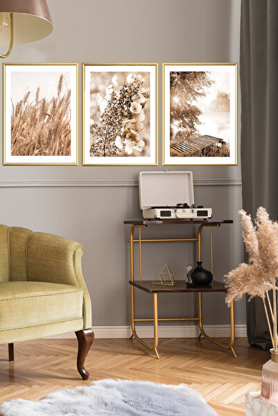 Linacci Üçlü İnce Gold Metal Çerçeve Soft Pampas Cam Tablo Seti