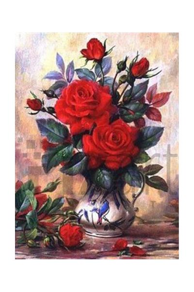 pixartsanat Red Roses in a Vase Pixart Art Diamond Mosaic Painting Diamond Turkey 38*53