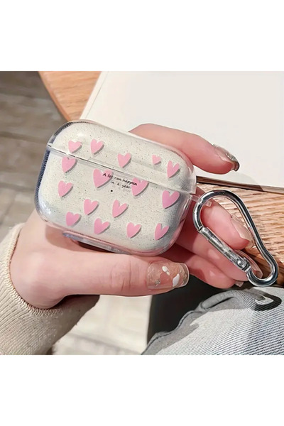 KVK PRİVACY 3.Nesil Uyumlu Pembe Kalp Desenli Simli Kancalı Kulaklık Kılıfı