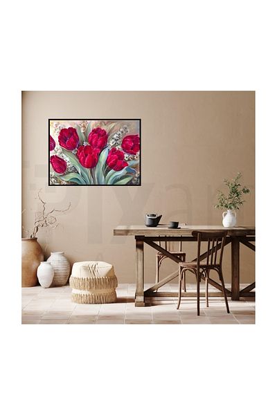pixartsanat Yabini Red Flowers Pixart Art Diamond Mosaic Painting Diamond Türkiye 73*53