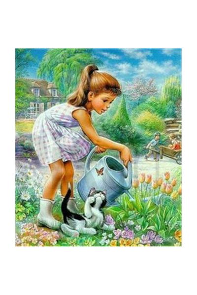 pixartsanat Little Girl Watering Flowers Pixart Art Diamond Mosaic Painting Diamond Turkey 50*58
