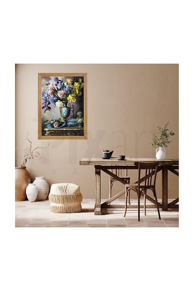 pixartsanat Blue Yellow Flowers Pixart Art Diamond Mosaic Painting Diamond Turkey 48*63