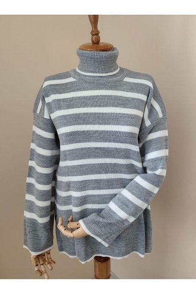 Butik Women's Gray Striped Turtleneck Oversize Sweater with Side Slits