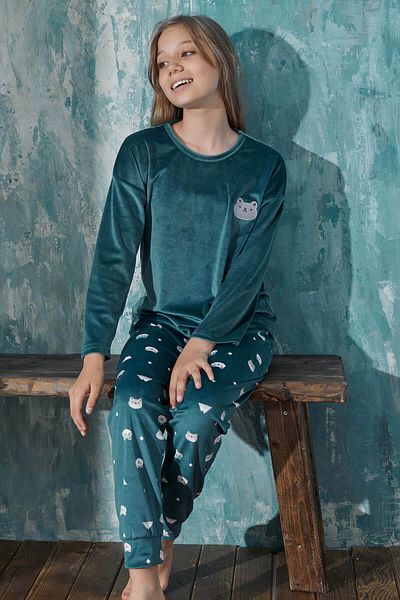 Pijamaevi Petrol Rabbit Patterned Exclusive Velvet Girl's Pajama Set