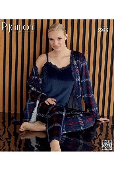Pijamoni Kadın Kadife Üçlü Pijama Takım