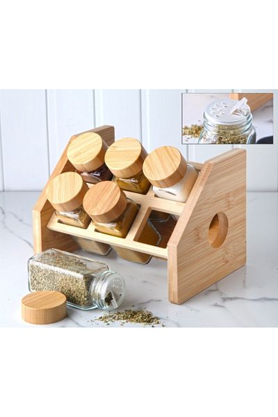 Mabeyn 6-Piece Glass Spice Rack with Bamboo Stand and Bamboo Lid