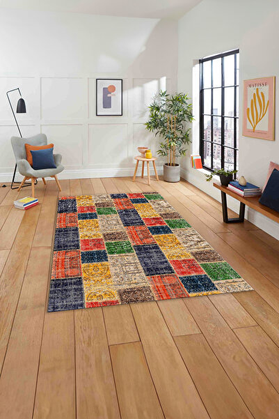 Napoli Home Baskılı Patchwork Sade Modern Yıkanabilir Kaymaz Taban Yolluk Mut...