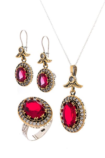Beyisa Halime Sultan Serisi Gümüş Kırmızı Lal Taşlı Üçlü Otantik Set Takı