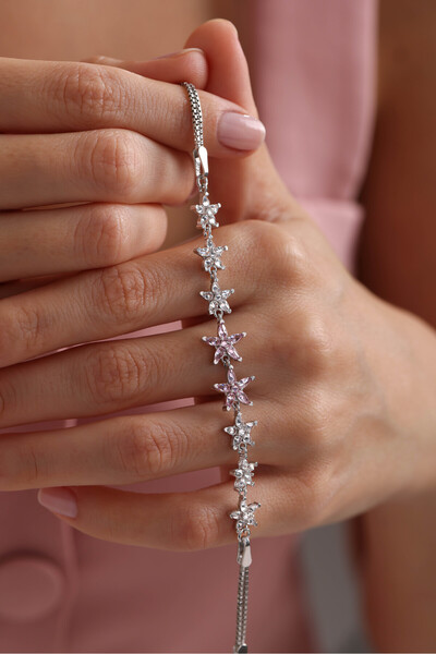 Nereze 925 Ayar Gümüş Rodyum Kaplama Pembe Taşlı Sıralı Lotus Çiçeği Bileklik