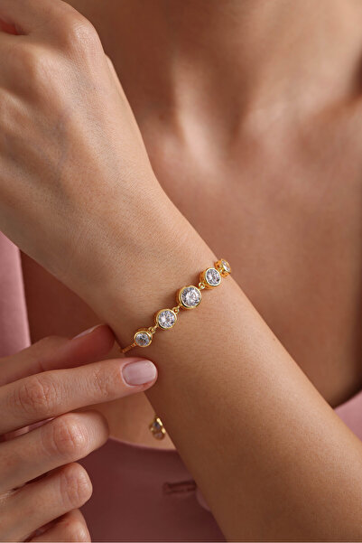 Nereze 925 Ayar Gümüş Gold Kaplama Ayarlanabilir Asansörlü Beştaş Model Bileklik