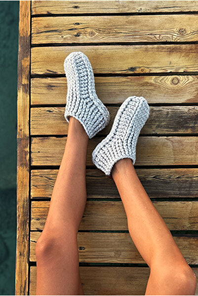 NevRa Örgüleri El Örgüsü Tığ İşi Örgü Yün Patik Ev Terliği Botu Açık Gri