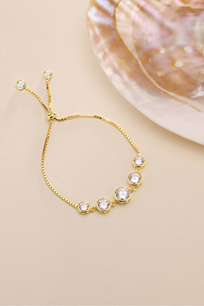 Nereze 925 Ayar Gümüş Gold Kaplama Ayarlanabilir Asansörlü Beştaş Model Bileklik