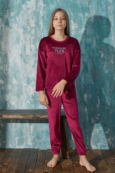 Pijamaevi Claret Red Dream Patterned Exclusive Velvet Girl's Pajama Set