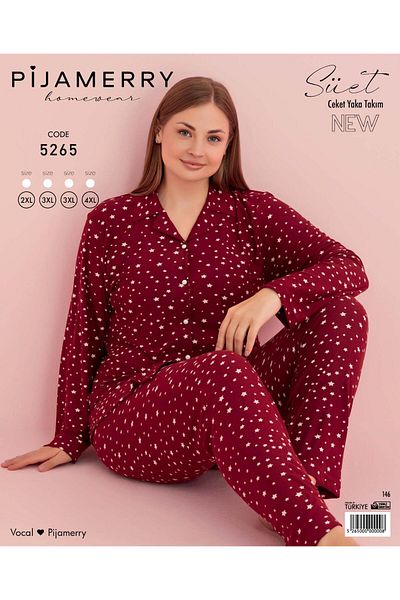 PİJAMERRY Pijamerry Women's Large Size Shirt Collar Suede Long Sleeve Pajamas Set 5265- 1 Piece