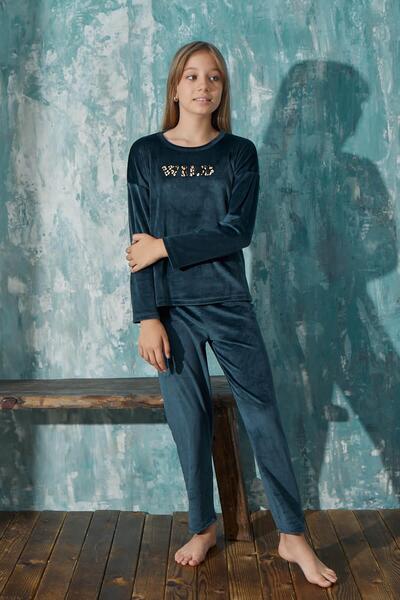 Pijamaevi Ексклюзивний оксамитовий піжамний комплект для дівчинки з диким візерунком Petrol