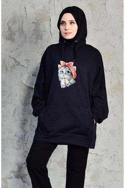 Pink Sky Μαύρο εμπριμέ oversize βαμβακερό φούτερ