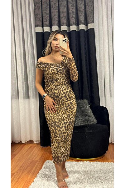 SHINE STYLE Leopar Desen Tek Omuz Tül Elbise Kahverengi