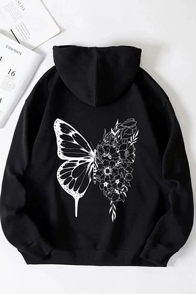 Pink Sky Μαύρο Oversize Floral Butterfly Γυναικείο φούτερ