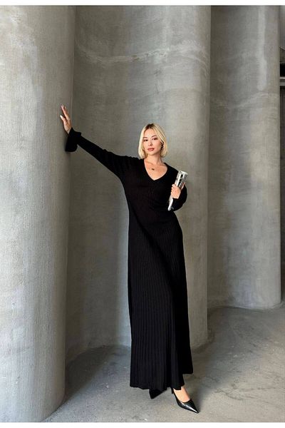 buqre's moda Rochie maxi din tricot cu mâneci spaniole, cu decolteu în V adânc