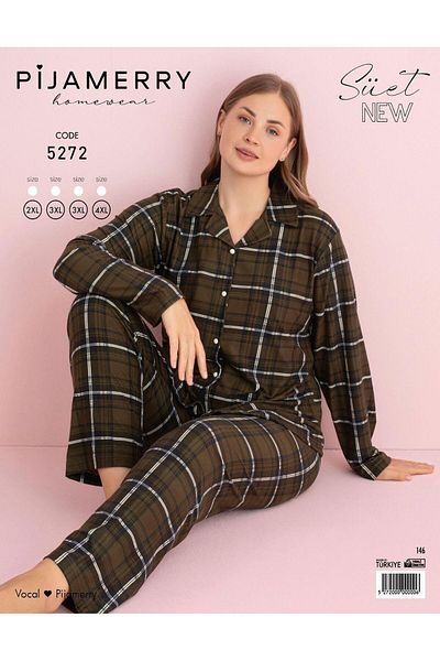 PİJAMERRY Plus Size Shirt Collar Suede Pajama Set - Long Sleeve 5272- 1 Piece