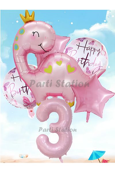 Parti Station Pink Dinosaur Concept 3 Years Old Balloon Set Cute Pink Dinosaur Birthday Foil Balloon Set
