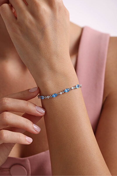 Nereze 925 Ayar Gümüş Rodyumlu Sıralı Aquamarin Oval Taşlı Bileklik