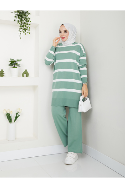 MODAMÜNASİP Υπέροχο ριγέ πλεκτό σετ δύο τεμαχίων με άνετο και κομψό παντελόνι