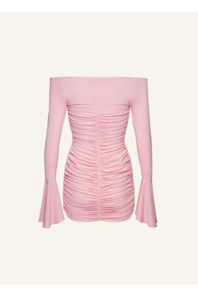 Elia Gül Detaylı Drapeli Pembe Mini Şık Gece Elbisesi