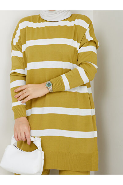 MODAMÜNASİP Υπέροχο ριγέ πλεκτό σετ δύο τεμαχίων με άνετο και κομψό παντελόνι