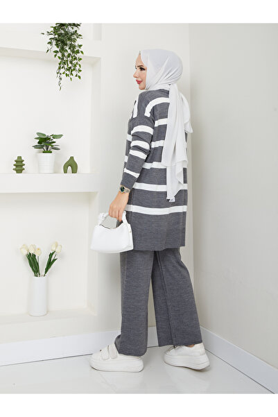 MODAMÜNASİP Υπέροχο ριγέ πλεκτό σετ δύο τεμαχίων με άνετο και κομψό παντελόνι