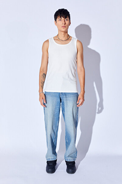 MAN EDITION Ecru Halter Collar Ribbed Luxury Quality Men's Lycra Tank Top | Ee 1000310055