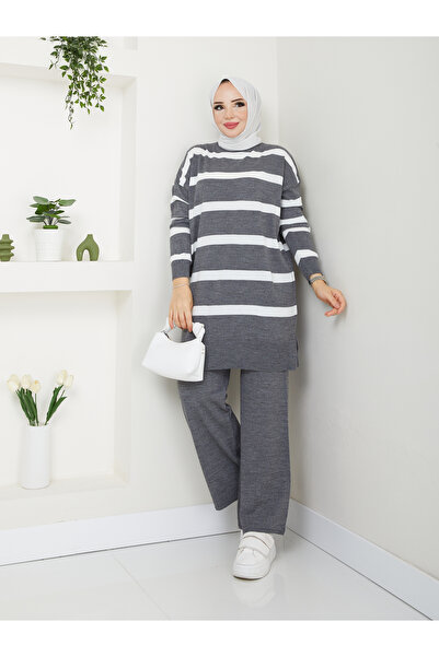 MODAMÜNASİP Υπέροχο ριγέ πλεκτό σετ δύο τεμαχίων με άνετο και κομψό παντελόνι