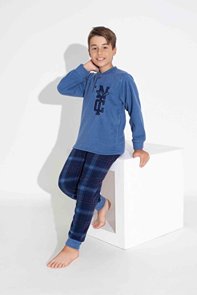 Tarık Чоловічий індіго синій картатий візерунок - зимовий піжамний комплект з довгими рукавами