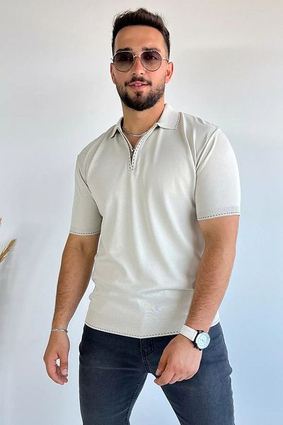 MİSHAR İTALİA Ανδρικό μπλουζάκι με μπεζ μισό φερμουάρ Polo Neck