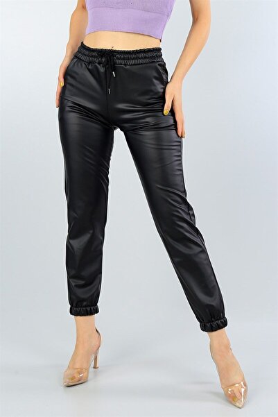 KAŞİHA Black Leather Trousers with Ribbon Inside, Elastic Waist and Legs 95 cm