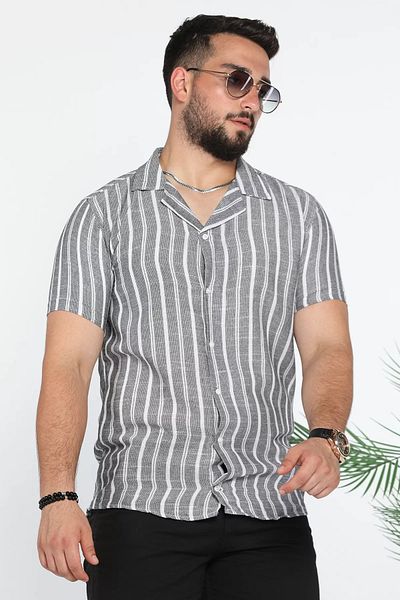 MİSHAR İTALİA Черна ленена риза Slim Fit с шарки