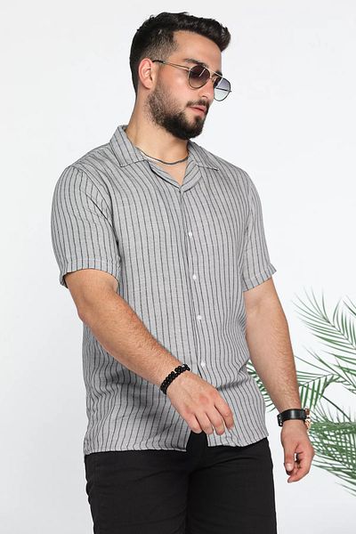 MİSHAR İTALİA Γκρι Slim Fit ριγέ λινό πουκάμισο