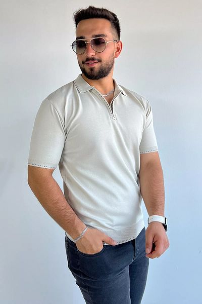 MİSHAR İTALİA Ανδρικό μπλουζάκι με μπεζ μισό φερμουάρ Polo Neck