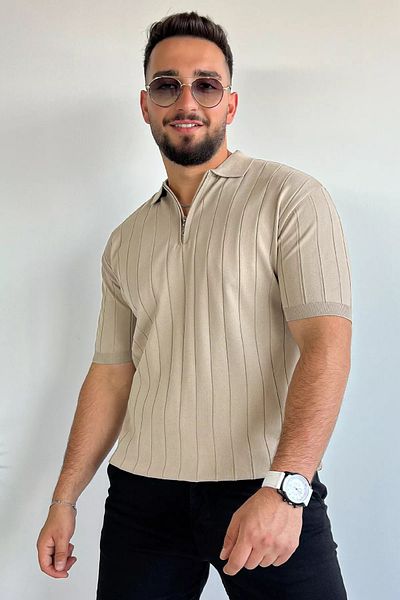 MİSHAR İTALİA Μπεζ μπλουζάκι με γιακά πόλο με μισό φερμουάρ