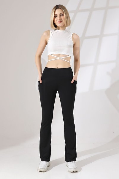 EMFURE Black Women's High-Waist Shaping / Sculpting Double Pocketed Flare Bootcut Leggings
