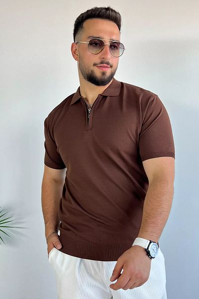 MİSHAR İTALİA Мъжка тениска с кафява поло яка, половин цип и ликра