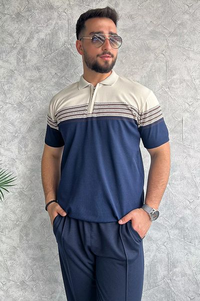 MİSHAR İTALİA Ανδρικό κοντομάνικο πλεκτό μπλουζάκι Beige Navy Blue Polo με μισό φερμουάρ