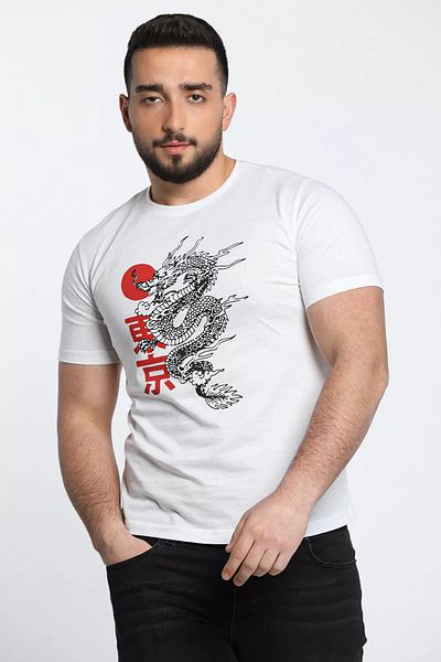 MİSHAR İTALİA Tricou pentru bărbați cu decolteu rotund cu imprimeu Dragon alb