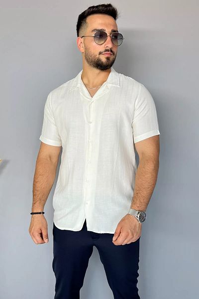 MİSHAR İTALİA Λινό πουκάμισο με μοτίβο σε λεπτή κρέμα