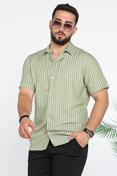 MİSHAR İTALİA Χακί Slim Fit ριγέ λινό πουκάμισο