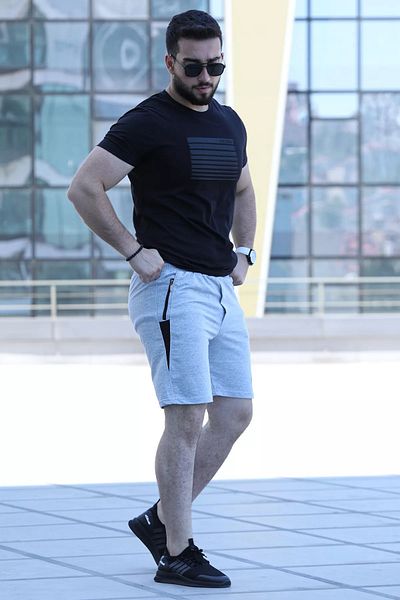 MİSHAR İTALİA Gray Black Men's Shorts with Mesh Front and Printed Legs