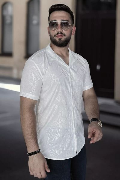 MİSHAR İTALİA Ανδρικό πουκάμισο Aerobin με μοτίβο Cream Slim Fit