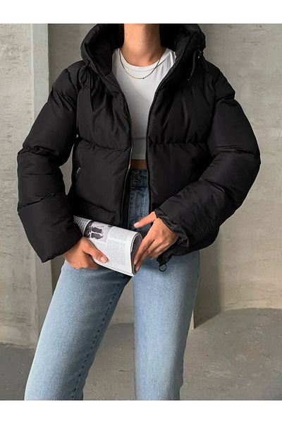 MEECY Damen Puffermantel mit Kapuze in schwarz