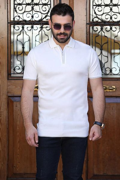 MİSHAR İTALİA Ανδρικό μπλουζάκι με κρεμ μισό φερμουάρ Polo Neck