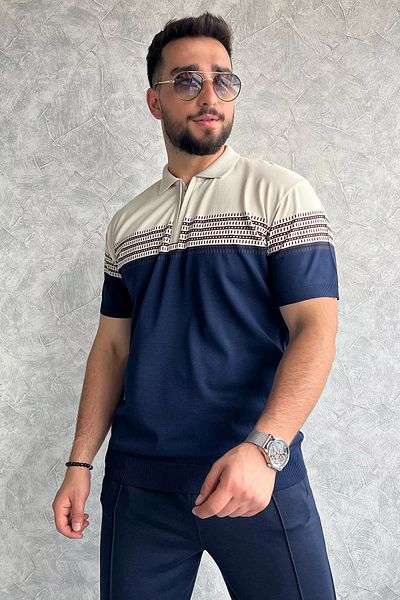 MİSHAR İTALİA Ανδρικό κοντομάνικο πλεκτό μπλουζάκι Beige Navy Blue Polo με μισό φερμουάρ